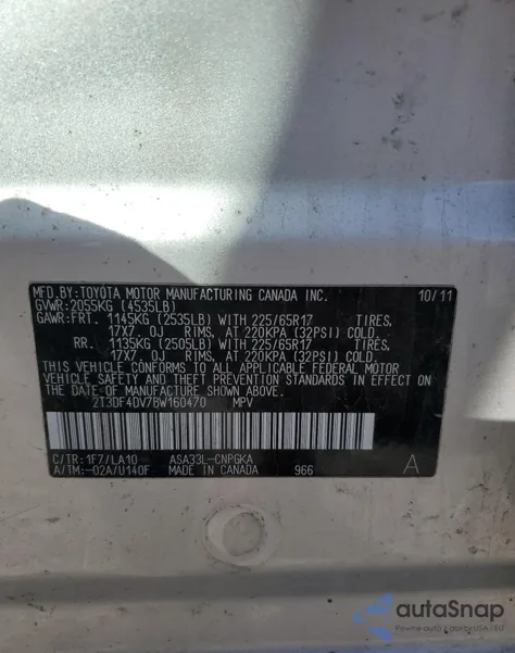 2011 Toyota Rav4 Limited из США, поврежденный, VIN 2T3DF4DV7BW160470